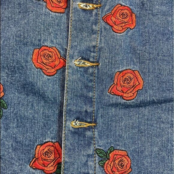 Denim Distressed Rose Embroidered Button Down Skirt - Picture 10 of 15